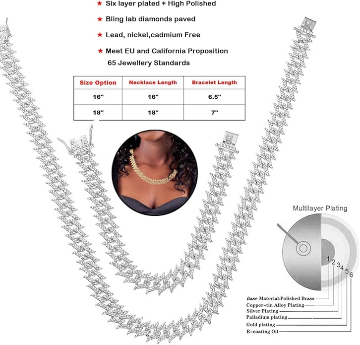 HH BLING EMPIRE 14k Gold/Silver Cuban Link Chain for Women Iced Out Diamond Chunky Cuban Link Necklace Chain Bracelet 2pcs Sets