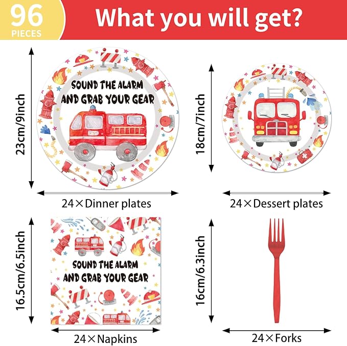 Firetruck Birthday Party Decorations - 96PCS Fire Truck Plates and Napkins Party Supplies Firefighter Birthday Decorations Fireman Themed Disposable Tableware Set Serve 24 Guests