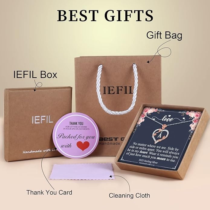Iefil Valentines Day Gifts for Her - 925 Sterling Silver Heart Initial Necklace, Anniversary Birthday Gifts for Women, Jewelry Gift for Wife Girlfriend