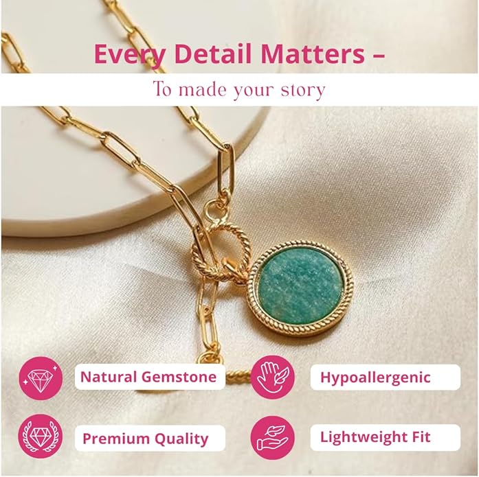 Gempires Gemstone Coin Front Toggle Pendant Necklace for Women with Gold Paperclip Chain, Natural Crystal Pendant with Toggle Clasp, Handcrafted Perfect Jewelry Gift for her