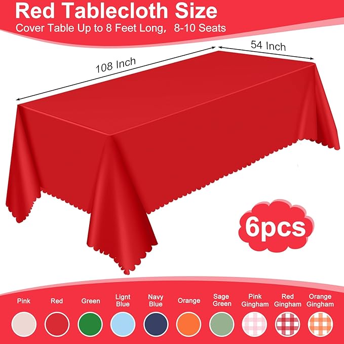 6 Pack Red Plastic Tablecloths, 54 x 108 inch Christmas Scalloped Tablecloths Disposable Red Table Cloths for Rectangle Tables Waterproof Table Covers for Christmas Wedding Anniversary Party