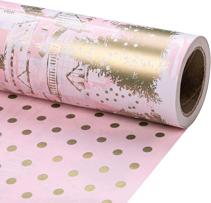 RUSPEPA Reversible Christmas Wrapping Paper Roll, Mini Roll, Pink Gold Winter Landscape with Snowflake Pattern, Gold Polka Dot Design Gift Wrap for Girls, Friends, Holiday Gifts, 17 Inches x 32.8 Feet