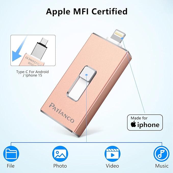 Photo Stick Apple MFi Certified for iPhone 512GB, USB Flash Drive for iPhone Thumb Drive, iPhone-Memory-Stick for iPad/iPhone/Computer Picture Keeper Portable Hard Drive Pink
