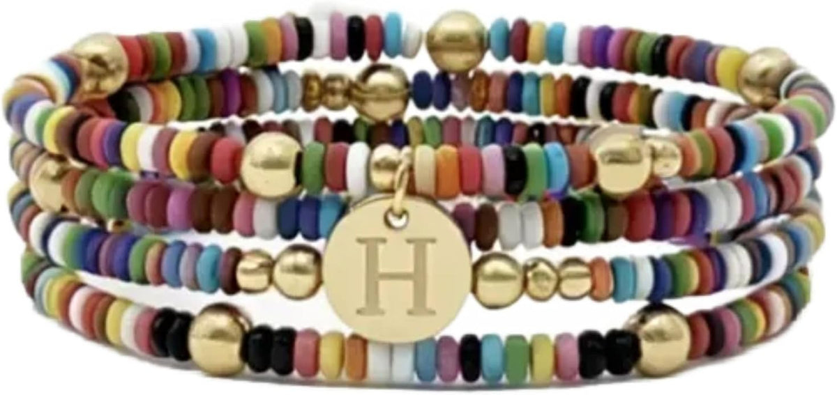 Set of 4 Colorful Bead Initial Bracelets, Personalized Stackable Jewelry, Adjustable Stretchy Charm Bracelets for Women, Beaded Bracelet Set, Trendy Custom Jewelry Gift