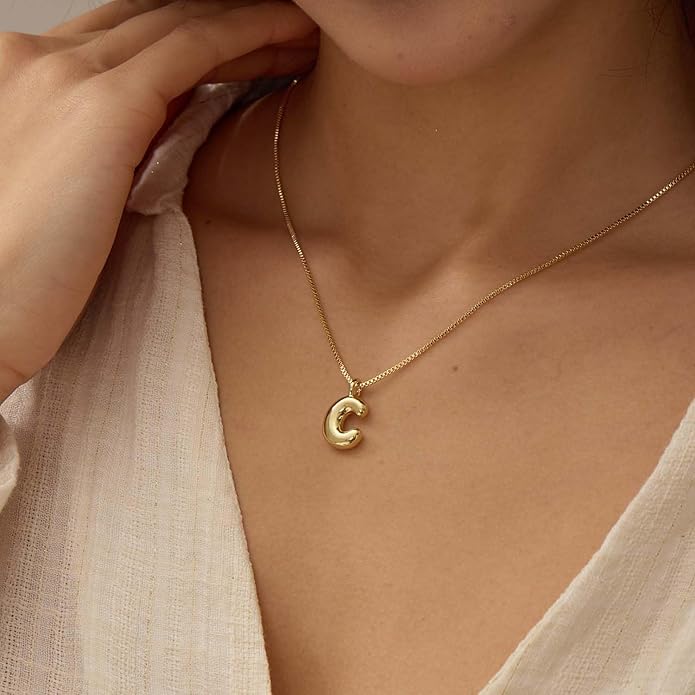 Bubble Gold Silver Letter Necklace Initial Necklaces for Women Trendy 14K Dainty Charm Pendant Name Necklace Personalized Jewelry Gift for Women Teen