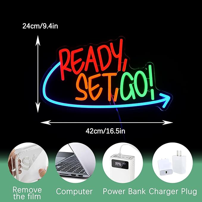 Ready Set Go Neon Sign for Game Room Colorful Game Neon Light Anime Gamer Led Light Sign Dimmable Gameing Light Up Sign for Boys Bedroom Man Cave Party (16.5 * 9.4 In)