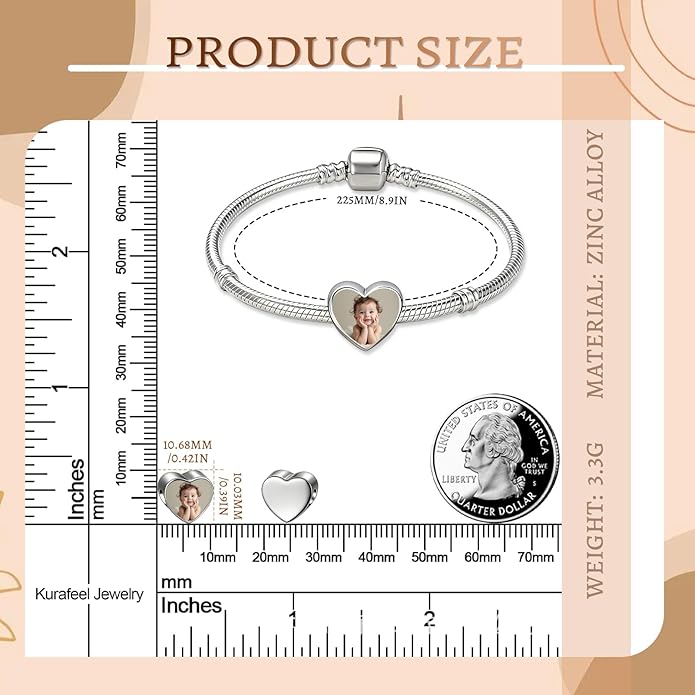 WBW Custom Photo Charm Bracelet for Women Personalized Picture Bracelet with Cute Heart Pendant Customizable Jewelry Chain Name Date Text Valentine‘s Day Gift for Her Girlfriend Wife
