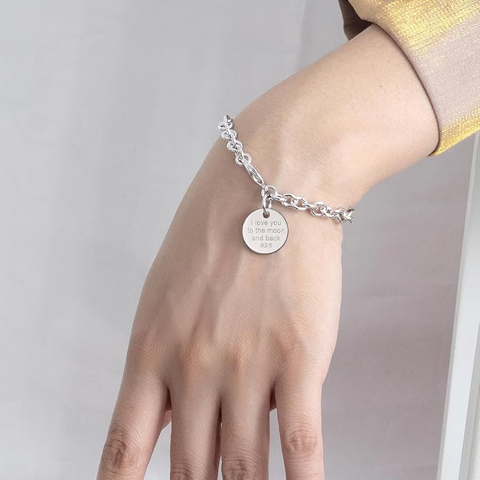 Dankadi Women 925 Sterling Silver Round Cable Wire Link Bracelet Charm Heart-Bell-Square-Circle Pendant Chain Bangle Fine Jewelry Gift For Wife Her