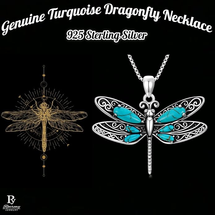 RMREWY Genuine Turquoise Dragonfly Pendant Necklace,925 Sterling Silver Native American Boho Western Pendant Real Gemstone Jewelry Birthdays Gift for Women Dragonfly Lover