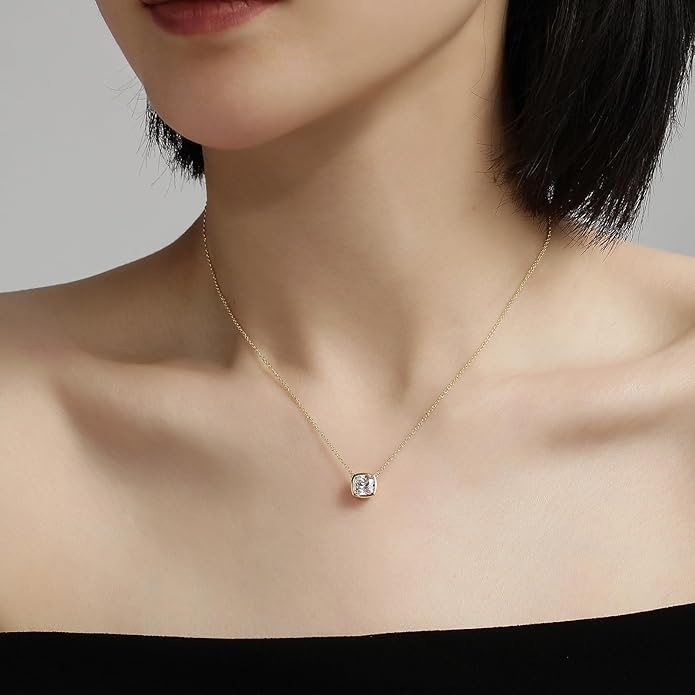 MISS MIMI Solitaire Cubic Zirconia Necklace for Women, 1–3 CT Round,Heart,Princess Cut CZ Options, Bezel or Prong Set in 925 Sterling Silver, Adjustable 16–20" Minimalist Everyday Jewelry