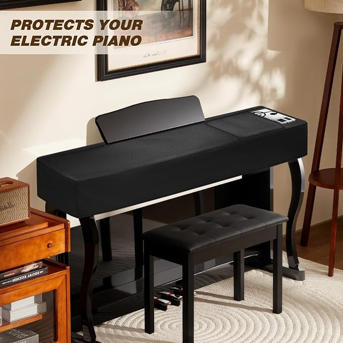 Explore Land 88 Keys Digital Piano Dust Cover with Music Stand Opening and Pockets - Waterproof Leatherette Electronic Keyboard Cover Fits for Most Piano