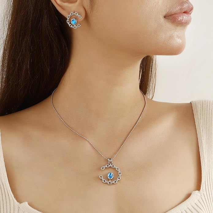 Elegant C-Shaped Crystal Necklaces/Stud Earrings Set with Birthstone Jewelry Set Silver Plated Fashion Jewelry for Women CS0003
