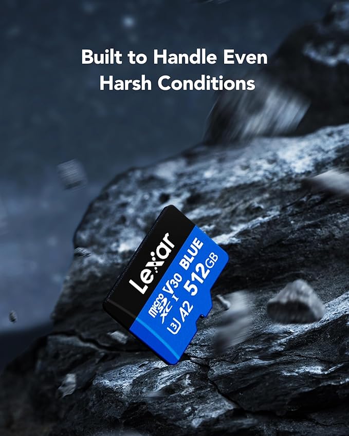 Lexar 512GB Blue Micro SD Card Up to 160MB/s, microSDXC UHS-I Memory Card with SD Adapter, C10, U3, A2, V30, Full HD, 4K UHD, High Speed TF Card