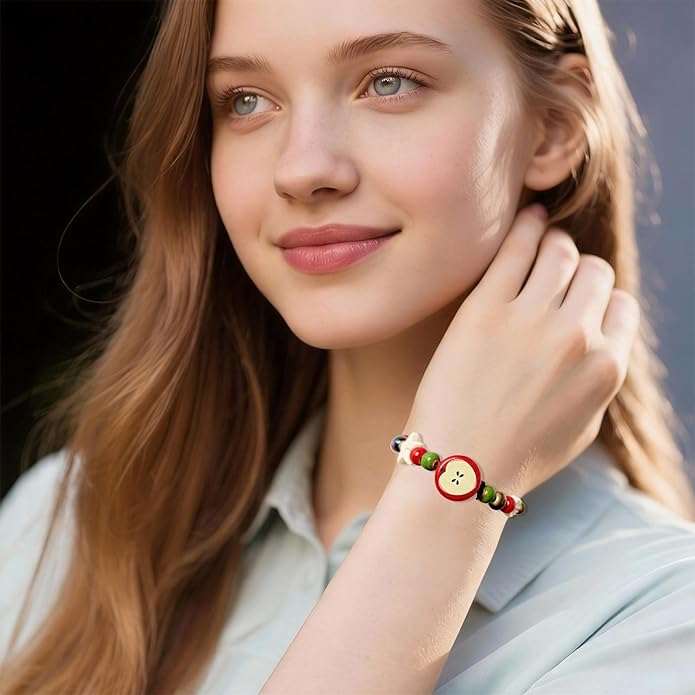Handmade Ceramic Apple Charm Bracelet, Woven Rope String Wristband with Red Fruit Porcelain Beads, Adjustable Artisan Jewelry for Women, Nature-Inspired Accessory, Unique Teacher Appreciation Gifts