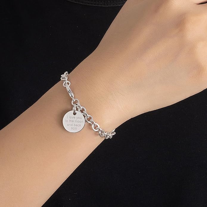 Dankadi Women 925 Sterling Silver Round Cable Wire Link Bracelet Charm Heart-Bell-Square-Circle Pendant Chain Bangle Fine Jewelry Gift For Wife Her