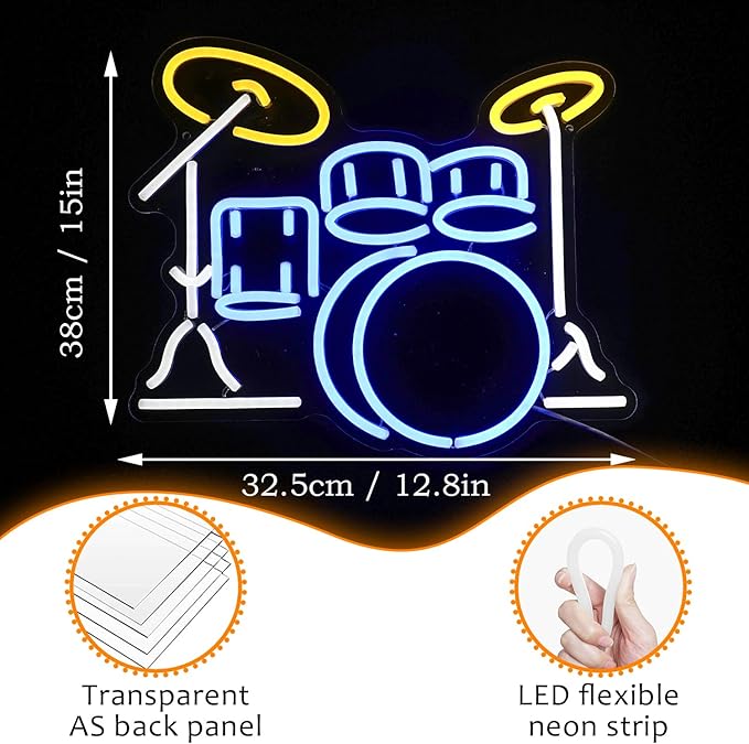 LISIGNVE Drum Kit Neon Sign, Neon Light Sign, Led Neon Light for Wall, USB Powered Led Neon Signs for Live Music, Music Studio, Party Decoration