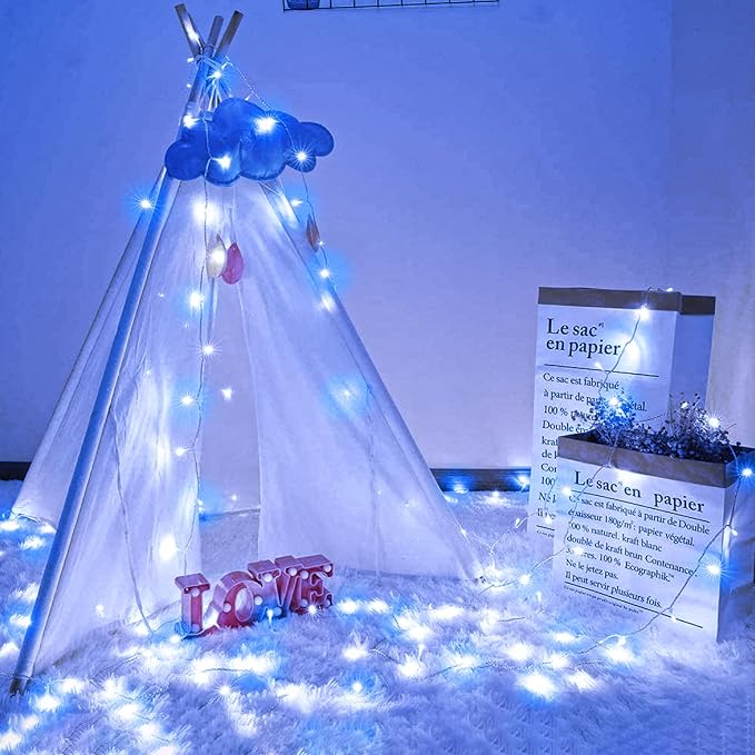 Vivideal 200 LED Christmas Lights Outdoor, 66ft Christmas String Lights 8 Modes Plug in Waterproof Fairy Lights with Timer Memory for Indoor Outside Bedroom Home Party Decoration, Blue&White