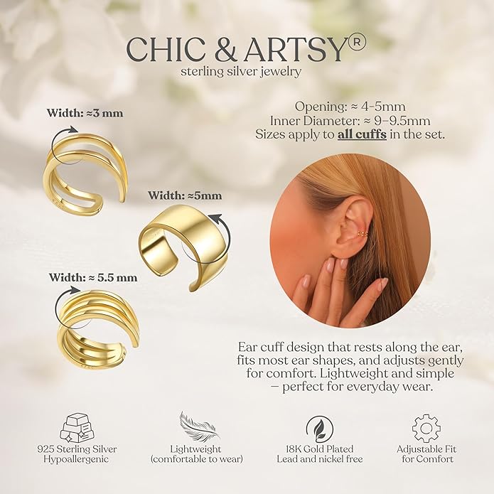 CHIC & ARTSY 925 Sterling Silver Ear Cuffs for Women, Non Piercing Clip On Cartilage Cuffs, Adjustable Fake Conch & Helix Earrings, Gold Plated & Oxidized Various Styles