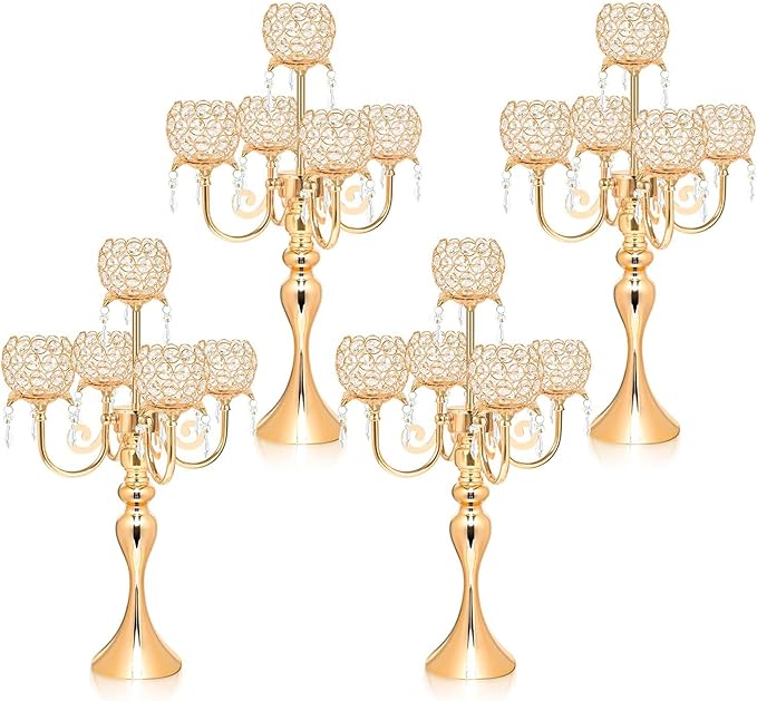 4Pcs 22 Inch Tall 5-Arm Gold Elegant Crystal Candelabra – Fancy Looking Candle Holder, Perfect for Your Table Centerpiece, Wedding & Christmas Dinner Party Events, Home Decor