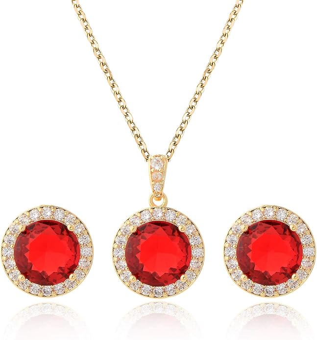 Bridal Crystal Jewelry Set - Sterling Silver Round Cubic Zirconia CZ Rhinestone Halo Birthstone Pendant Necklace Stud Earrings Set for Wedding Bride Bridesmaids Birthday Gift