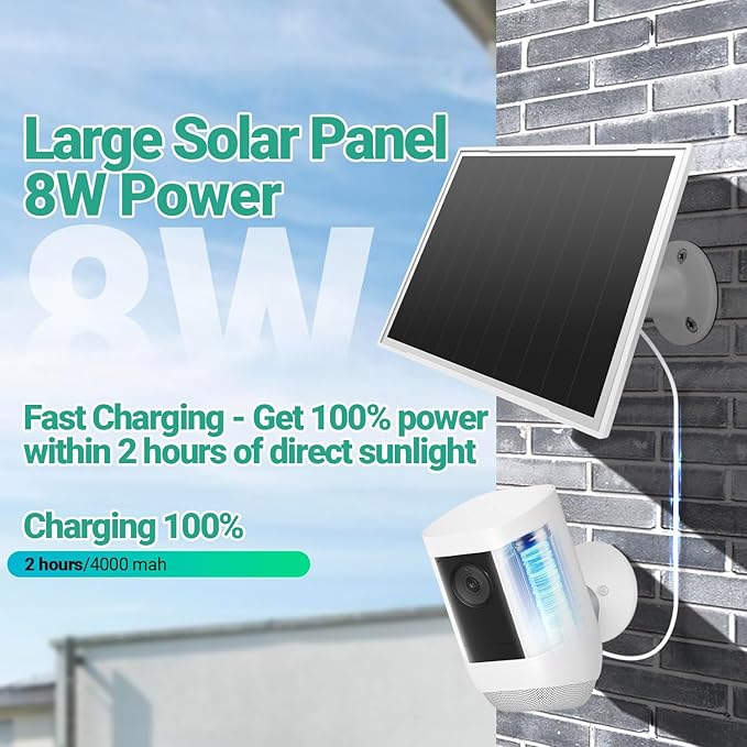 2-Pack Solar Panel Charger for Ring Camera, 8W High-Efficiency - Compatible with Ring Spotlight & Stick Up Cam Pro/Plus, 16ft Long Cable, 3.5mm to USB-C Adapter, IP65 Waterproof, White