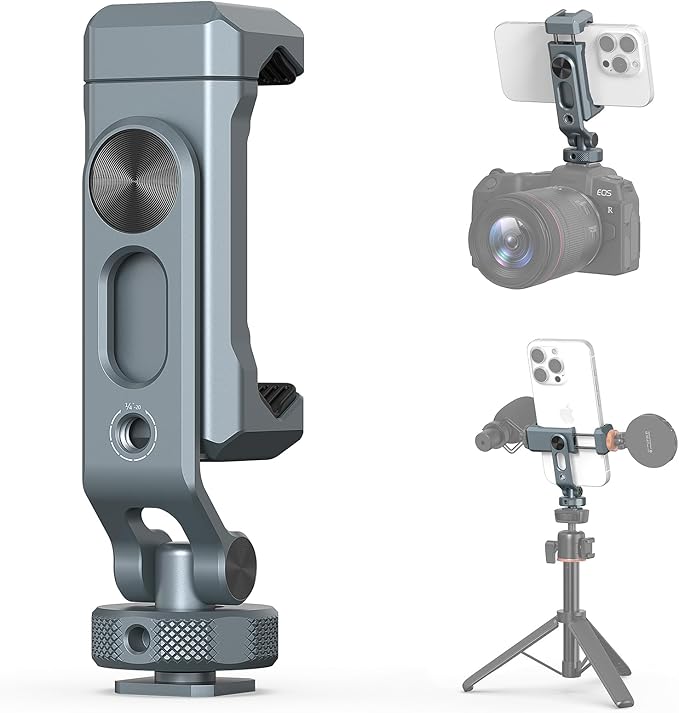 VRIG PH-18 Metal Phone Tripod Mount with Cold Shoe & 1/4"-20 Screw Holes, 360° Rotation Horizontal & Vertical Shooting, Adjustable Angle Smartphone Holder Tripod Adapter for iPhone, for Samsung