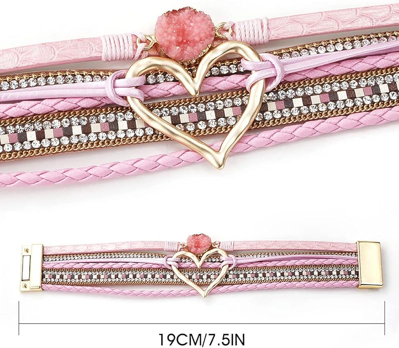 Suyi Multilayer Leather Wrap Bracelet Heart-Shape Wide Cuff Bracelets for Women