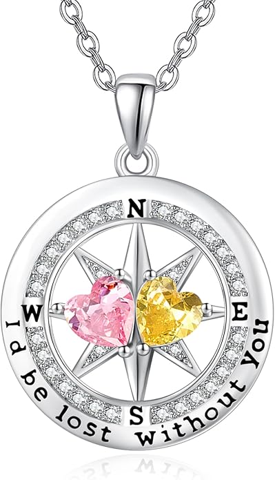 Compass Necklace for Women, Exquisite S925 Valentines Day Anniversary Birthday Gifts for Wife Her Double Birthstone Pendant Jewelry ‘I'd be Lost Without You’