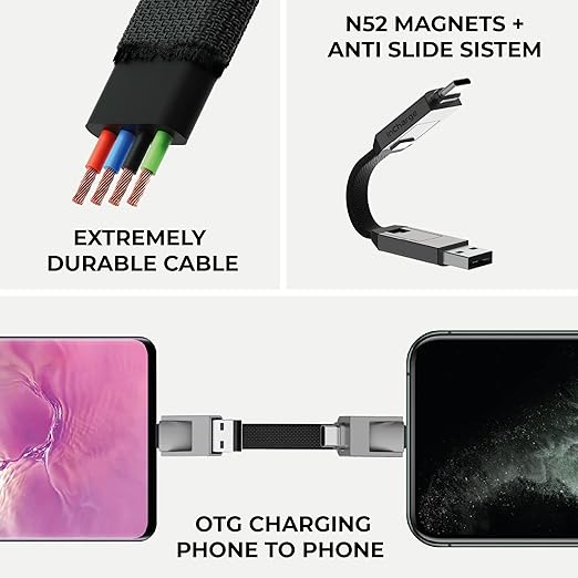 Rolling Square inCharge 6 - Keychain USB C Charger Cable, Lightning Cable and Micro-USB for Smartphone, Universal Cable Charger 6 in 1, USB Plug, 15W, Gold
