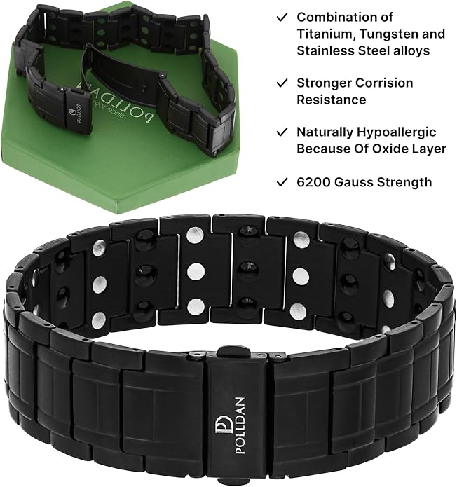 POLLDAN® 3X Power Magnetic Bracelets For Men | 6200 Gauss Strength Mens Titanium Bracelet with Fold-Over Clasp, Adjustable Length, Gift Box, Sizing Tool | Innovative Magnets Alloy - Patent