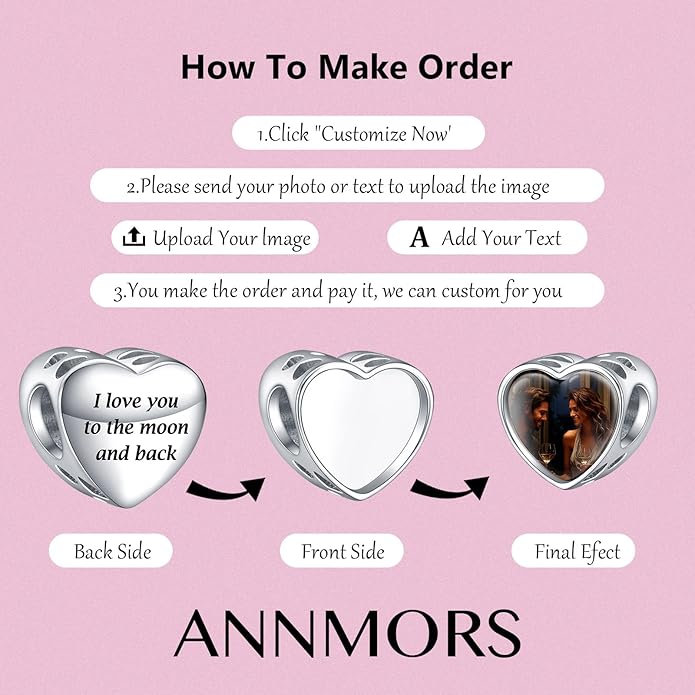 Annmors Personalized Photo Charms For Bracelets/Necklace 925 Sterling Silver Love Heart Shaped Engraved Customize Picture Gift for Birthday Mother's Day,Bead Charms Jewelry for Women