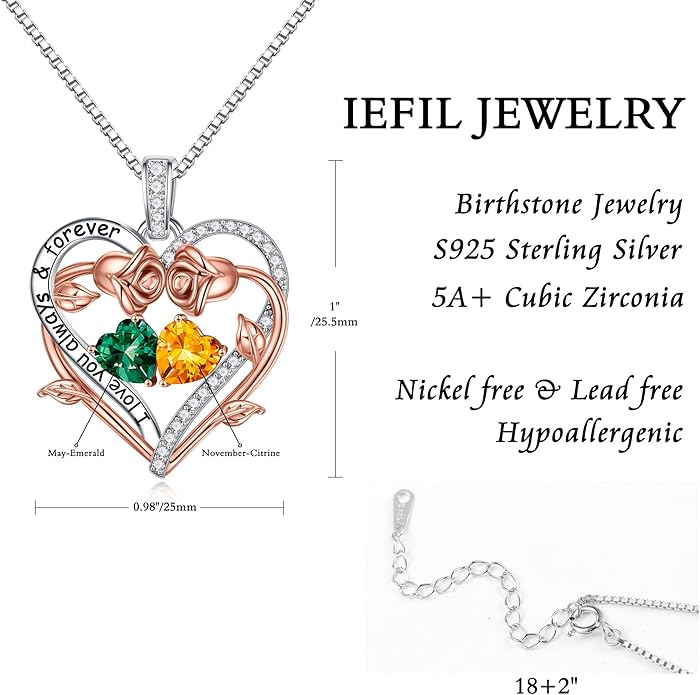 Iefil Valentines Gifts for Her Wife Women - Rose Heart Double Birthstone Necklace Gift for Wife Girlfriend Her Women, Birthstone Jewelry Gemstone Birthday Gifts for Mom Grandma Her