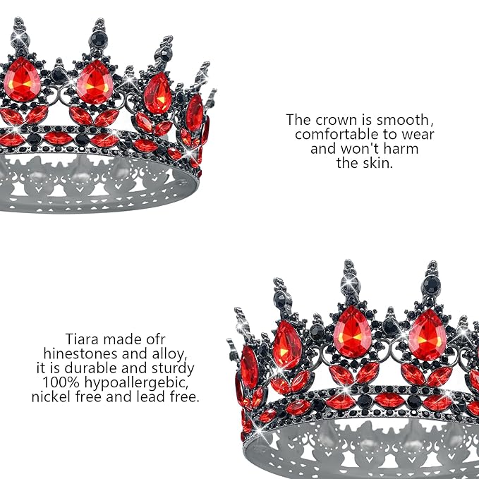 Queen Crown Rhinestone Wedding Tiaras for Women Costume Party Hair Accessories Princess Birthday Tiara Crystal Bridal Crown (Black Red)