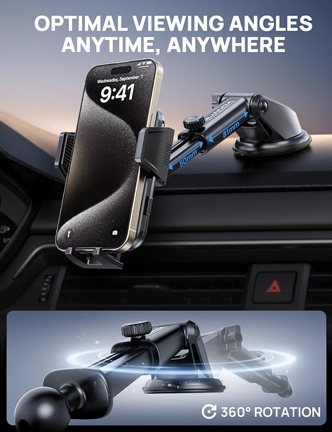 [2025 New] Dashboard Phone Holders for Your Car (+Air Vent Clip) [Military Grade Stable] , Car Cell Phone Holder, Rotatable Suction Cup Car Phone Mount for All Phone (Rock Blue)