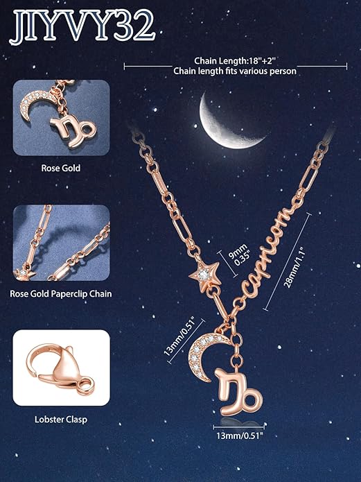 14K Gold/Rose Gold Zodiac Necklace for Women - Horoscope Constellation Pendant with Moon and Star, Luxury Birthday Gifts Jewelry for Her (12 Zodiac Signs)