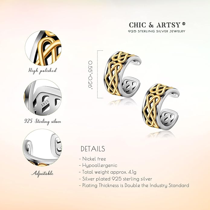 CHIC & ARTSY 925 Sterling Silver Ear Cuffs for Women, Non Piercing Clip On Cartilage Cuffs, Adjustable Fake Conch & Helix Earrings, Gold Plated & Oxidized Various Styles