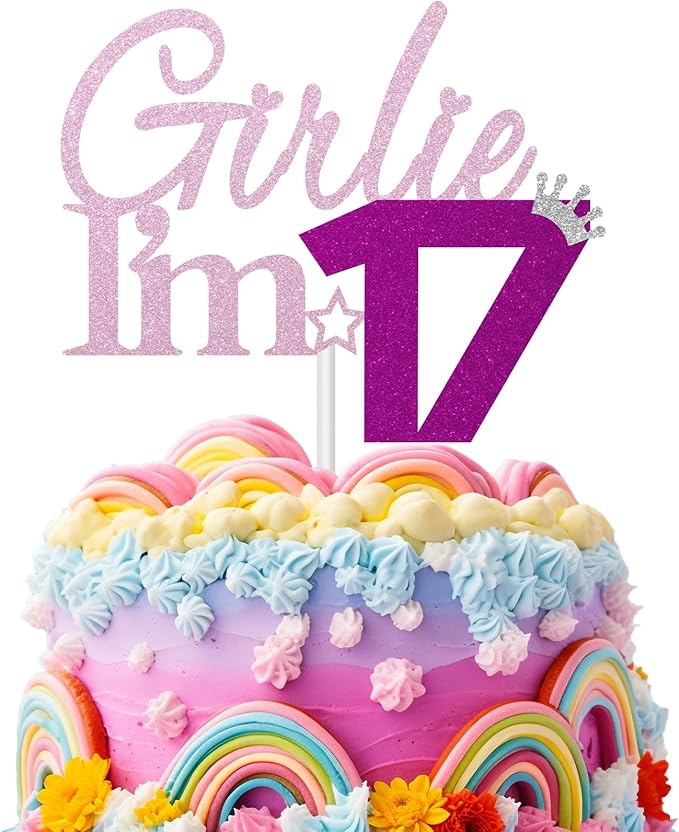 Girlie I'm 17 Cake Topper, 17th Birthday Decorations for Girl, Glitter Funny 17th Birthday Cake Topper, Girlie 17 Year Old Birthday Party Decoration Supplies