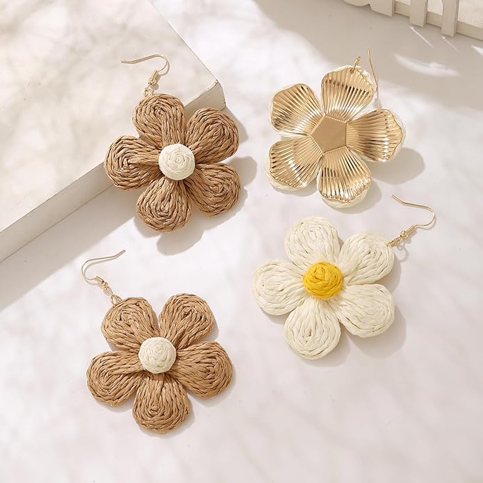Handmade Raffia Hoop Earrings Statement Tropical Bohemian Straw Dangle Earrings Natural Rattan Vacation Style Round Earrings for Women Summer Beach Party Essential Jewelry