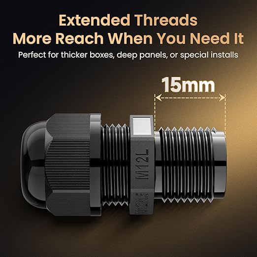 QILIPSU 50pcs M12L Long Thread Cable Gland Waterproof IP68 Nylon Strain Relief Cord Grip Cable Pass Through Wire Connector