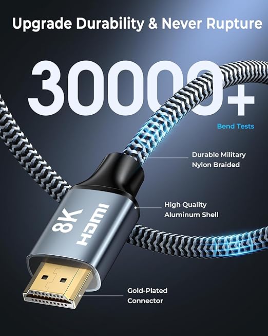 8K HDMI Cable 1 ft 2Pack, 48Gbps High Speed HDMI 2.1 Cable, Braided HDMI Cable 2.1 8K 60Hz 4K 120Hz Support for HDR eARC HDCP 2.2/2.3, HDMI Cord Compatible with HDTV, Laptop, Monitor, PC