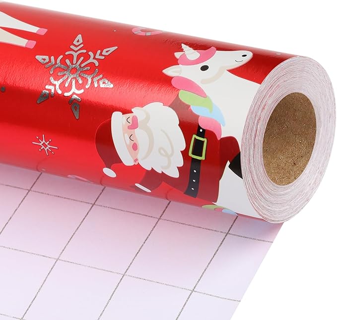 LaRibbons Christmas Foil Wrapping Paper Roll, Classic Santa Unicorn Rainbow Design Gift Wrap Paper for Kids, Christmas, Season Party, Holiday, 17 Inch X 33 Feet