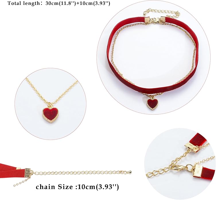 Heart Necklace Valentines Day Gifts for Her, Black Heart Choker Necklace Red Ribbon Choker Love Jewelry as New Year Gifts, Red Velvet Chocker Vintage Jewelry as Birthday Gift for Women