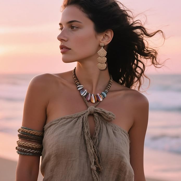 Raffia Dangle Earrings for Women - Boho Statement Rattan Drop Jewelry with Shell Design, Lightweight Summer Beach Trendy Accessories