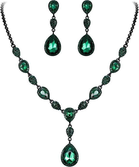 EleQueen Women's Cubic Zirconia Teardrop Y-Necklaces Dangle Earrings Jewelry Sets for Brides Bridesmaids