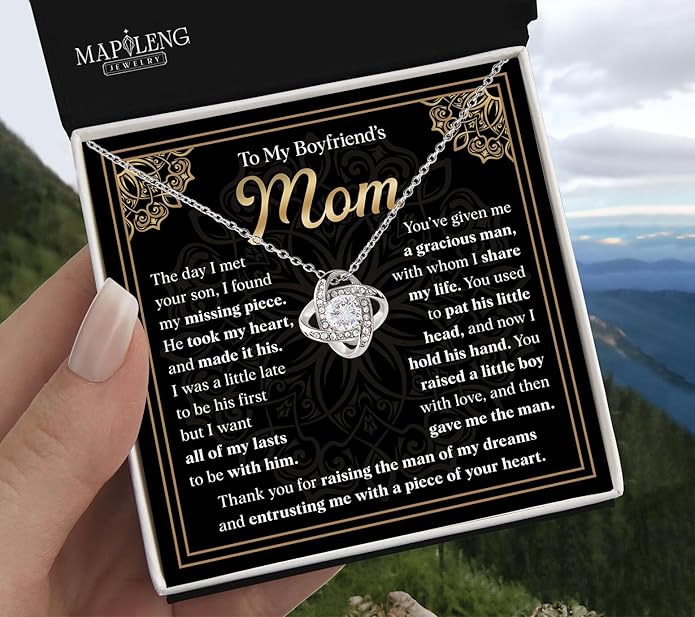 To My Boyfriend's Mom Love Knot Necklace, Elegant Jewelry Gift From Girlfriend, Meaningful Mothers Day Surprise, Birthday Christmas Keepsake With Heartfelt Message