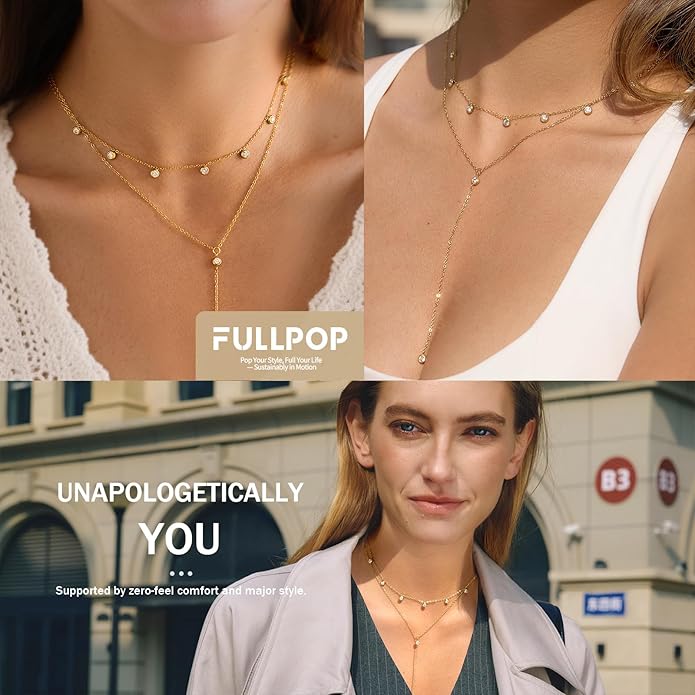 Fullpop Dainty Gold Necklaces for Women, 18k Gold Layered Lariat Necklace for Women Long Gold Choker Necklaces for Women Statement Diamond Heart Pendant Necklace Body Chain Jewelry for Women