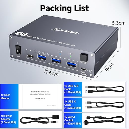 USB C HDMI KVM Switch for 1 Desktop+1 Laptop, Dual Monitor KVM Switch 4K@60Hz Support PD with USB C Cable, Wired Controller and Power Adapter