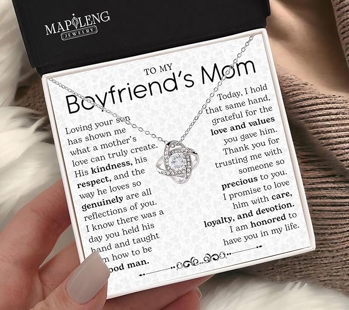 To My Boyfriend's Mom Love Knot Necklace, Elegant Jewelry Gift From Girlfriend, Meaningful Mothers Day Surprise, Birthday Christmas Keepsake With Heartfelt Message