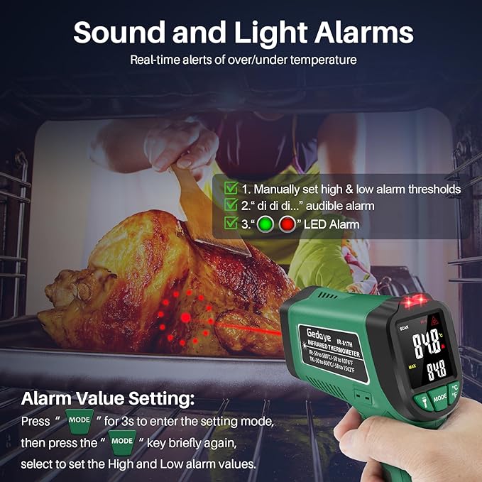 Infrared Thermometer for Cooking, Gedaye Surface Laser Temperature Gun with Laser Pointer 13:1, Metal Probe, Adjustable Emissivity, -58℉ to 1562℉, Thermal Thermometer Gun for Pizza Oven Engine HVAC