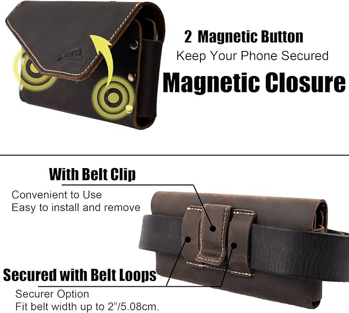Topstache Leather Phone Holster with Belt Clip for Galaxy S23,iPhone 14,14 Pro,Leather Belt Pouch for Universal Smartphone with Otterbox Case,Flip Cellphone Pouch,L,Darkbrown